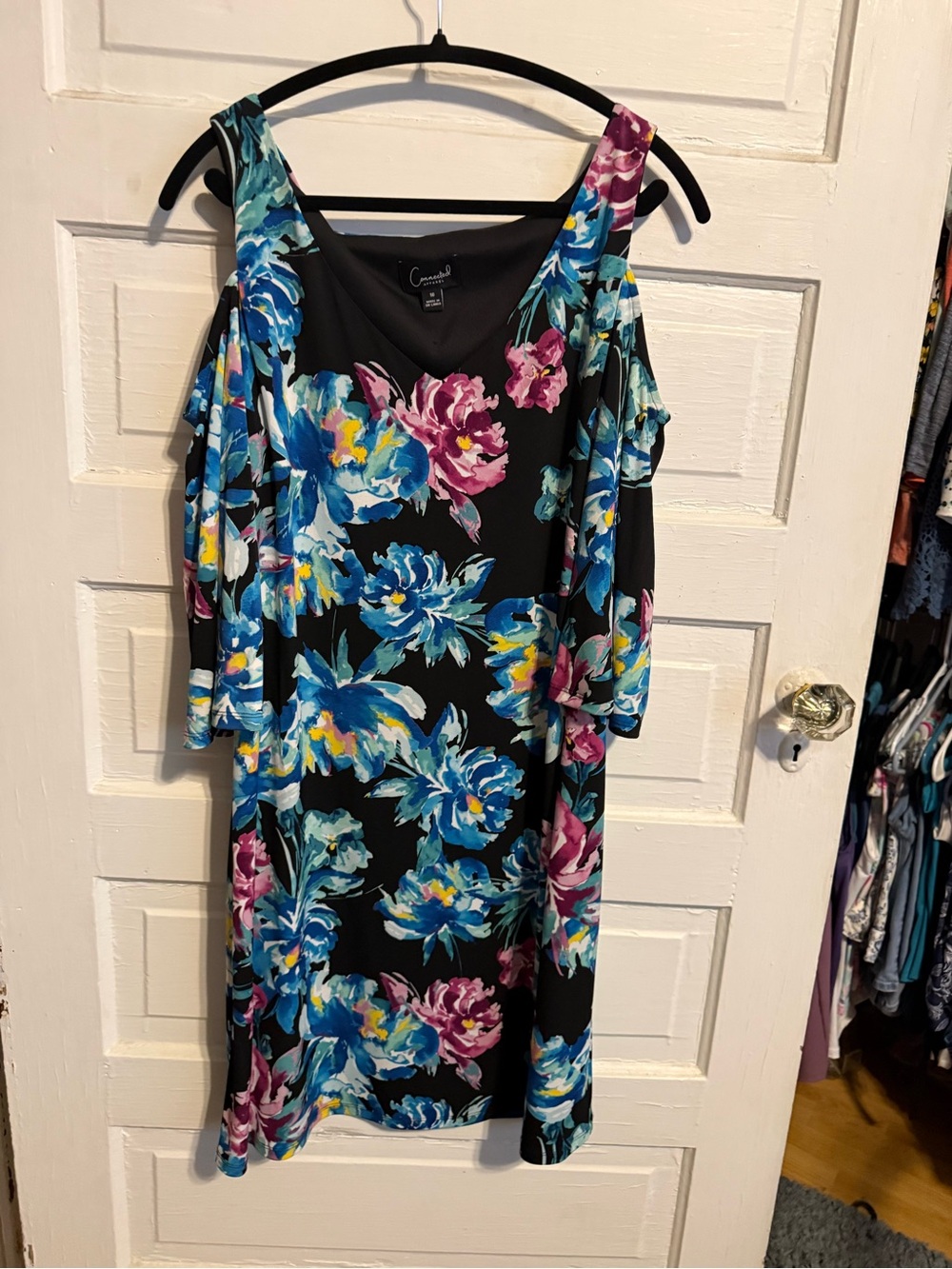Floral Cold-Shoulder Dress in Black with Blue & Pink Blooms size 16 NWOT